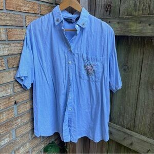 Chic Blue Striped Button Down Shirt with Floral Embroidered Detail